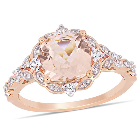 8.0mm Cushion-Cut Morganite, White Sapphire and 1/20 CT. T.w. Diamond Ornate Frame Ring in 14K Rose Gold