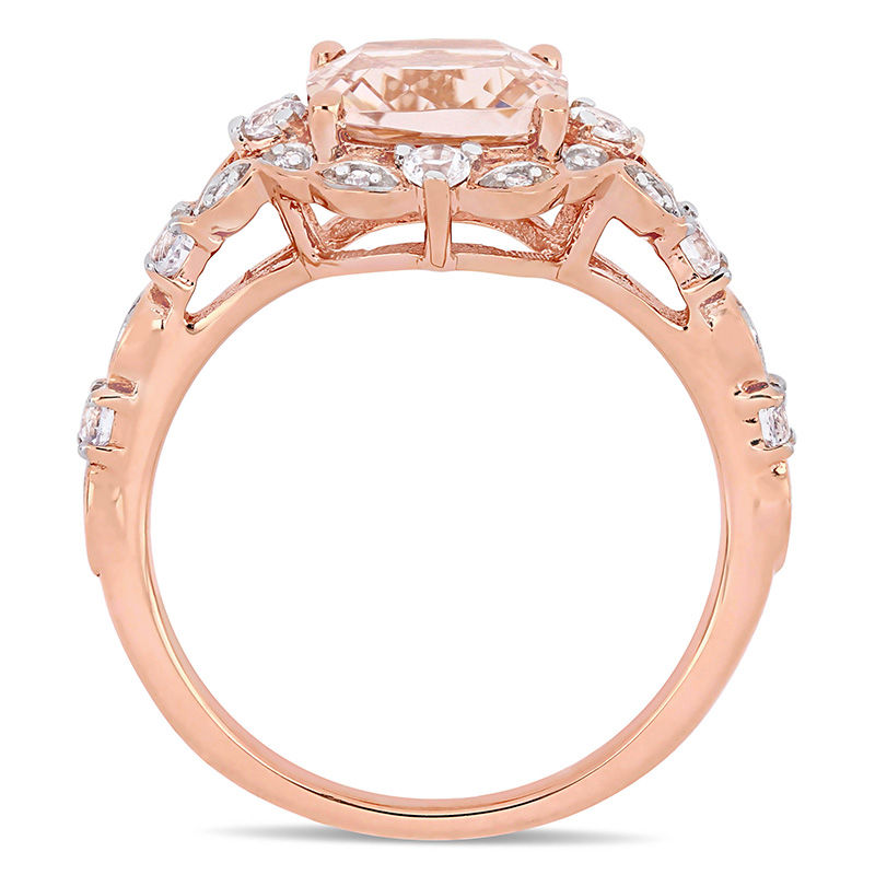 8.0mm Cushion-Cut Morganite, White Sapphire and 1/20 CT. T.W. Diamond Ornate Frame Ring in 14K Rose Gold