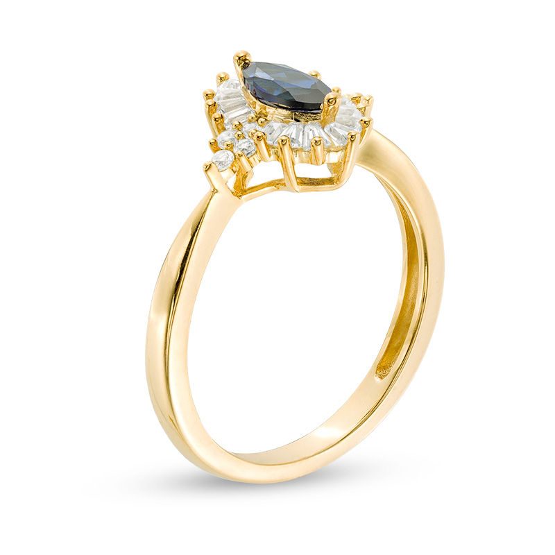 Main Image 2 of Marquise Lab-Created Blue and White Sapphire Sunburst Frame Quad-Sides Ring in Sterling Silver with 14K Gold Plate