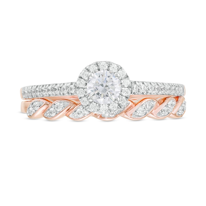 Main Image 4 of 1/2 CT. T.W. Diamond Frame Twist Shank Bridal Set in 10K Rose Gold