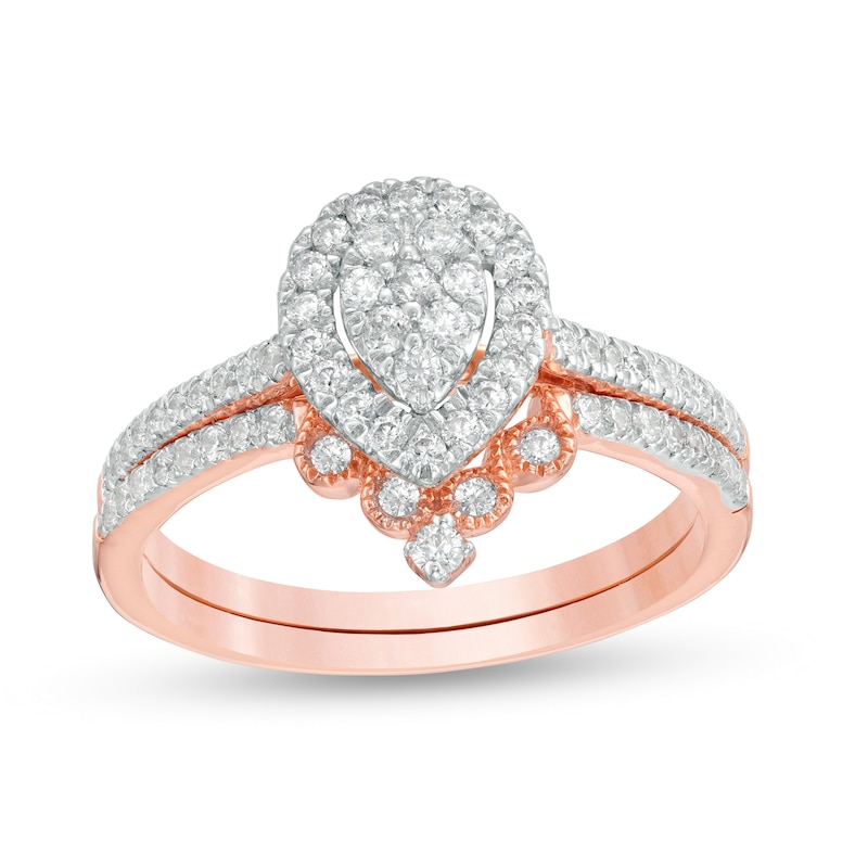 Main Image 1 of 1/2 CT. T.W. Composite Pear-Shaped Diamond Frame Bridal Set in 10K Rose Gold