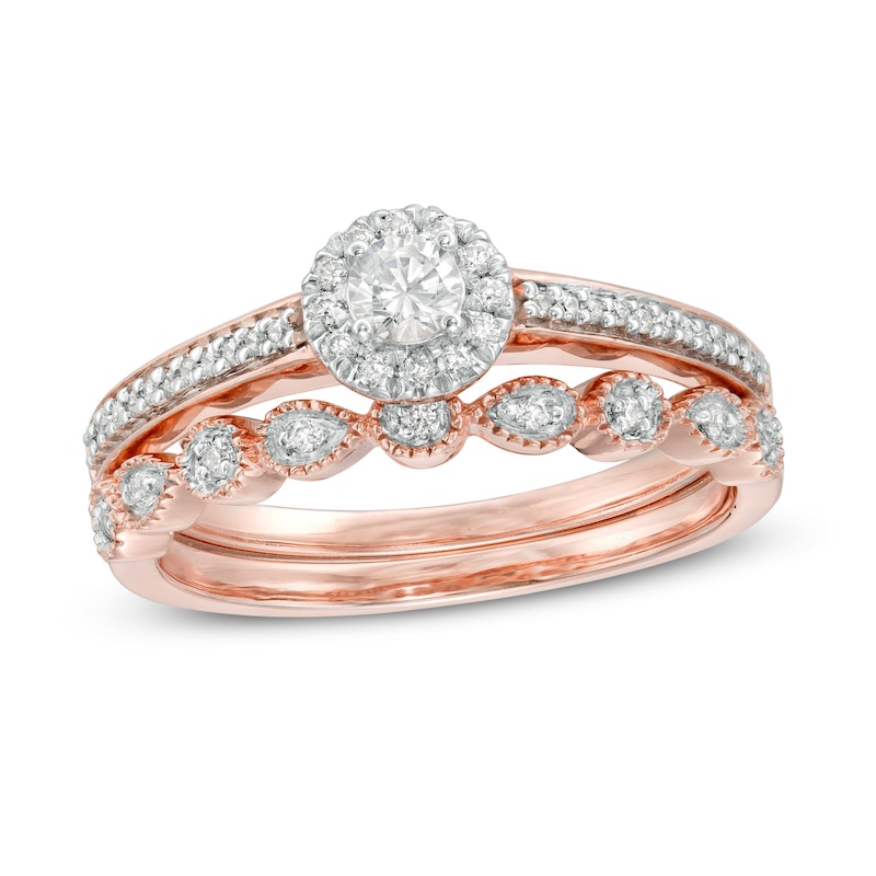 Main Image 1 of 1/3 CT. T.W. Diamond Frame Art Deco Bridal Set in 10K Rose Gold