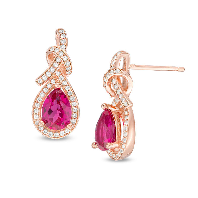 Pear-Shaped Ruby and 1/4 CT. T.W. Diamond Frame Loop Knot Drop Earrings in 10K Rose Gold