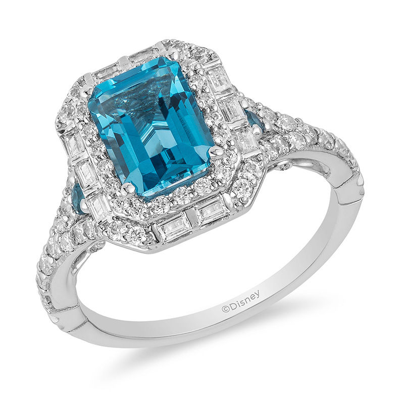 Enchanted Disney Cinderella London Blue Topaz and 3/4 CT. T.W. Diamond Double Frame Engagement Ring in 14K White Gold