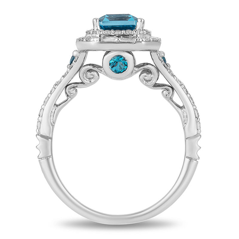 Enchanted Disney Cinderella London Blue Topaz and 3/4 CT. T.W. Diamond Double Frame Engagement Ring in 14K White Gold