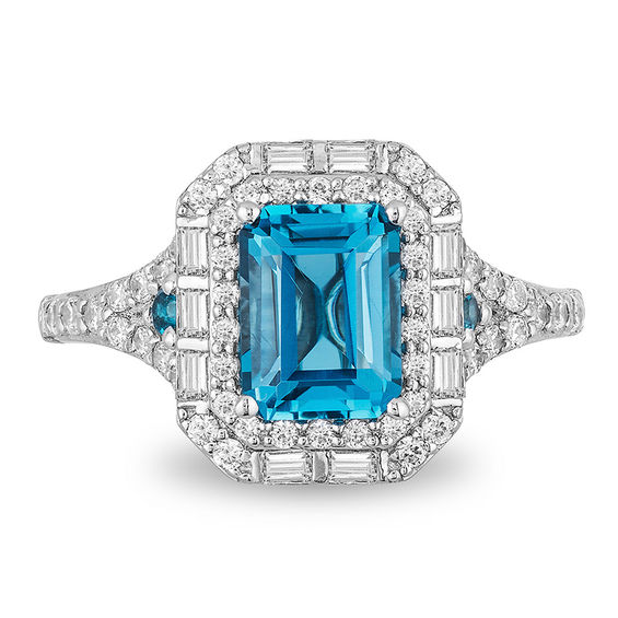 Enchanted Disney Cinderella London Blue Topaz and 3/4 CT. T.w. Diamond Double Frame Engagement Ring in 14K White Gold