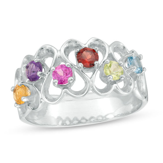 Mother's 3.0mm Birthstone Heart Frame Zig-Zag Pattern Ring (3-7 Stones)