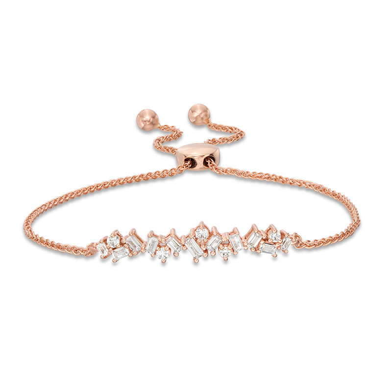 Main Image 1 of 1/2 CT. T.W. Baguette and Round Diamond Scatter Bolo Bracelet in 10K Rose Gold - 9.5"