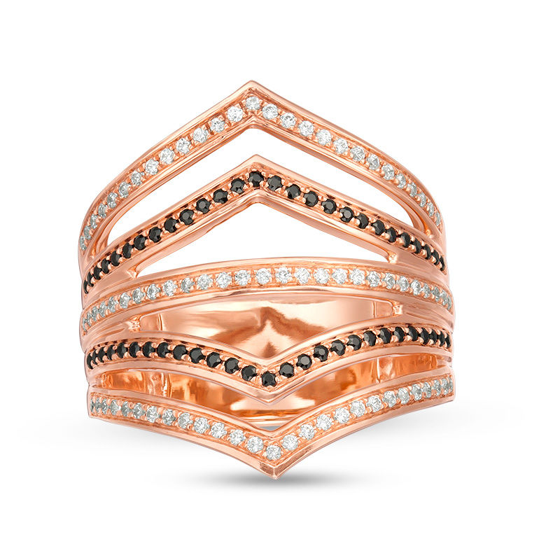 Main Image 1 of 1/2 CT. T.W. Enhanced Black and White Diamond Multi-Row Chevron Ring in 10K Rose Gold