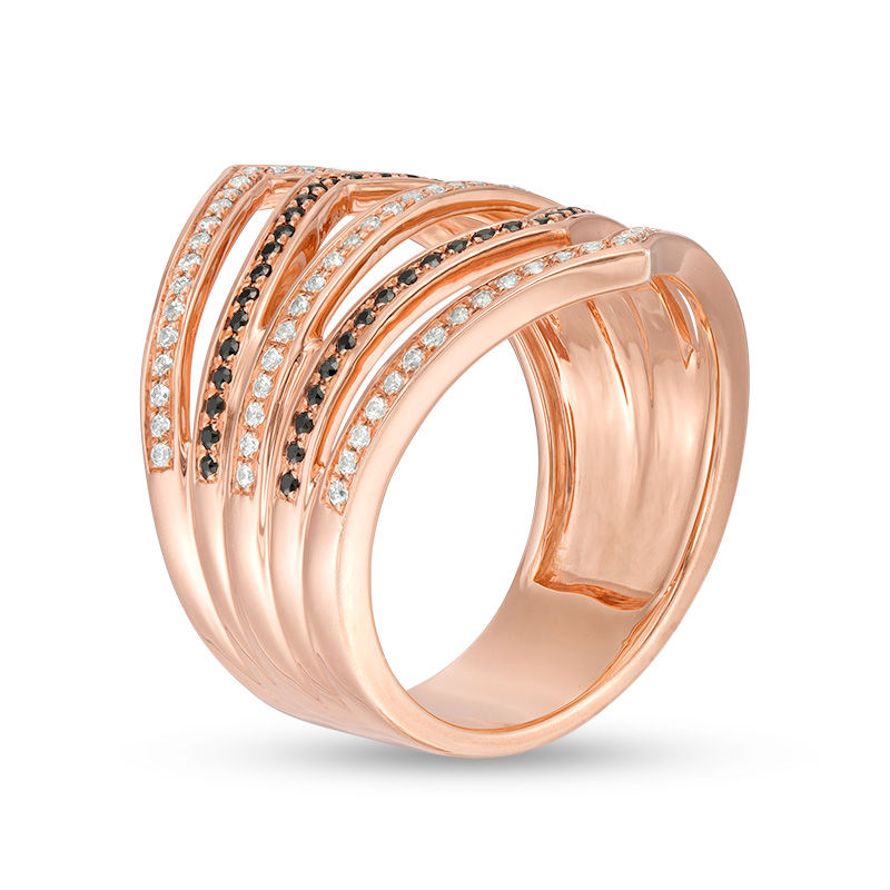 Main Image 3 of 1/2 CT. T.W. Enhanced Black and White Diamond Multi-Row Chevron Ring in 10K Rose Gold