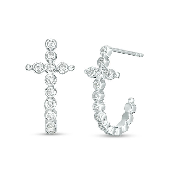 1/4 CT. T.w. Diamond Bezel-Set Cross J-Hoop Earrings in Sterling Silver