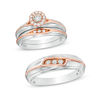 Thumbnail Image 1 of 1/5 CT. T.W. Diamond Three Stone Wedding Ensemble in 10K Two-Tone Gold - Size 7 and 10