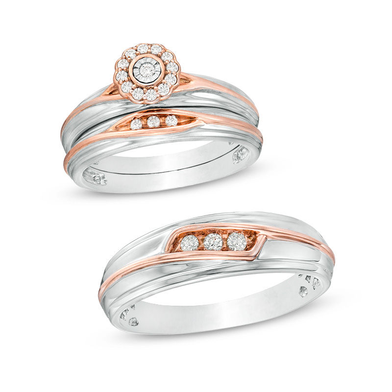 Main Image 1 of 1/5 CT. T.W. Diamond Three Stone Wedding Ensemble in 10K Two-Tone Gold - Size 7 and 10