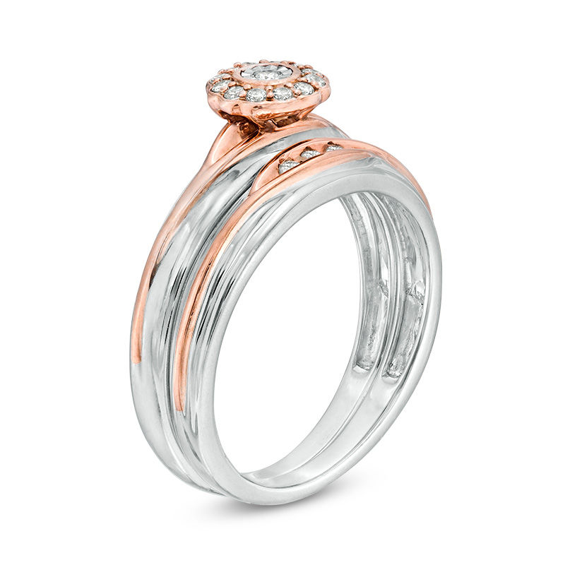 Main Image 2 of 1/5 CT. T.W. Diamond Three Stone Wedding Ensemble in 10K Two-Tone Gold - Size 7 and 10