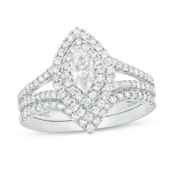1 CT. T.w. Certified Marquise Diamond Double Frame Bridal Set in 14K White Gold (I/I1)