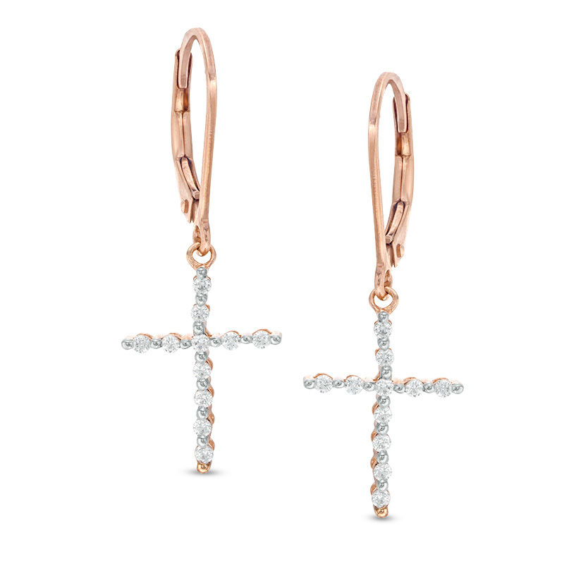 1/4 CT. T.W. Diamond Cross Drop Earrings in 10K Rose Gold