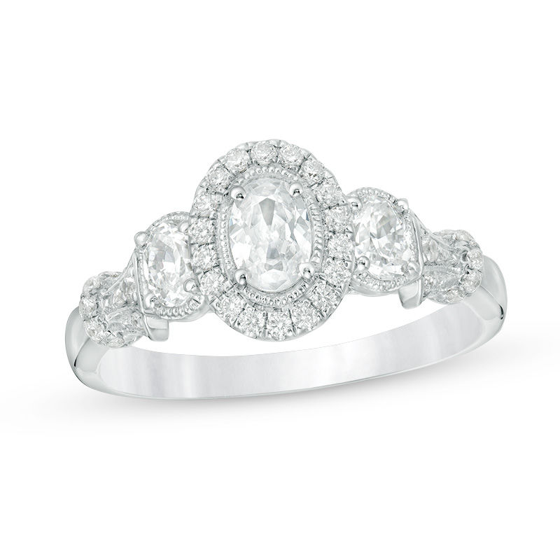 1 CT. T.W. Certified Oval Diamond Past Present Future® Engagement Ring in 14K White Gold (I/SI2)