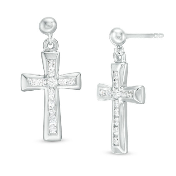 1/3 CT. T.w. Diamond Channel-Set Cross Drop Earrings in 14K Gold