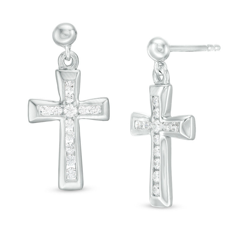 1/3 CT. T.W. Diamond Channel-Set Cross Drop Earrings in 14K White Gold