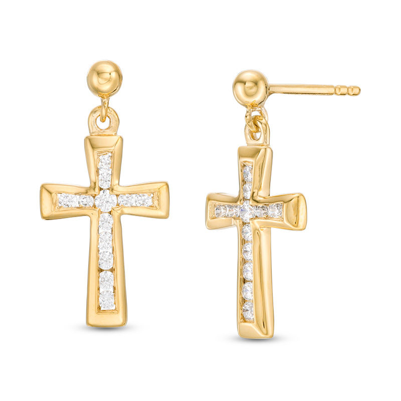 1/3 CT. T.W. Diamond Channel-Set Cross Drop Earrings in 14K Gold