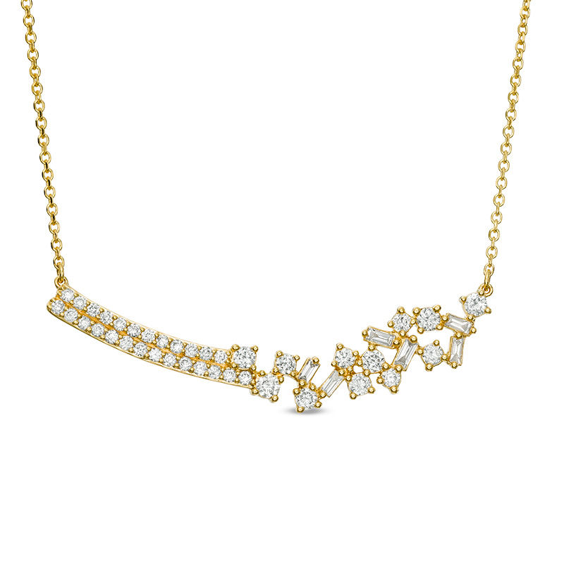 Main Image 1 of 5/8 CT. T.W. Baguette and Round Diamond Double Row and Scatter Necklace in 10K Gold