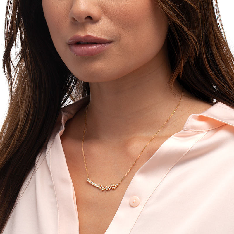 Main Image 2 of 5/8 CT. T.W. Baguette and Round Diamond Double Row and Scatter Necklace in 10K Gold
