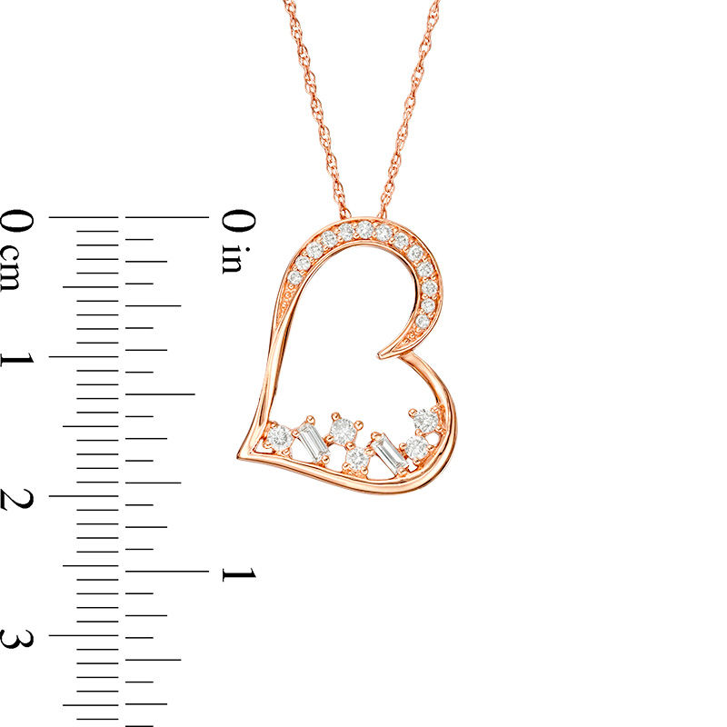 Main Image 3 of 1/4 CT. T.W. Baguette and Round Diamond Scatter Tilted Heart Pendant in 10K Rose Gold