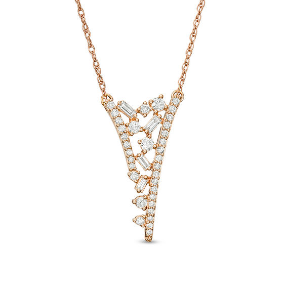 3/8 CT. T.w. Baguette and Round Diamond Scatter "V" Necklace in 10K Rose Gold