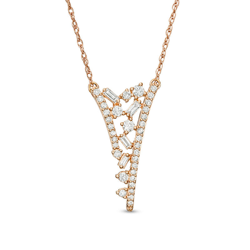 Main Image 1 of 3/8 CT. T.W. Baguette and Round Diamond Scatter "V" Necklace in 10K Rose Gold