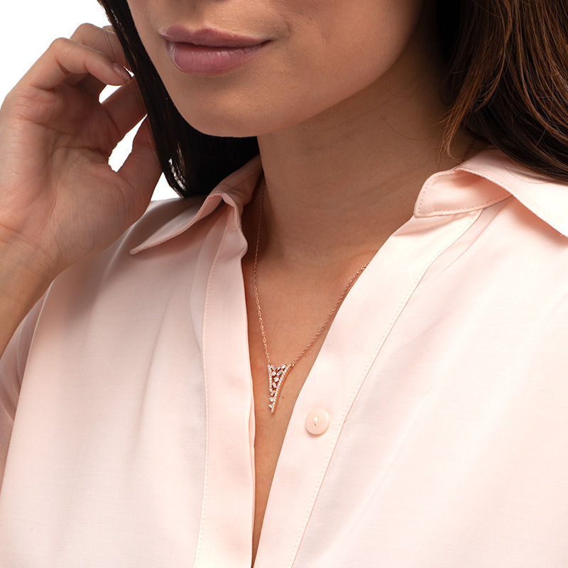 Main Image 2 of 3/8 CT. T.W. Baguette and Round Diamond Scatter "V" Necklace in 10K Rose Gold