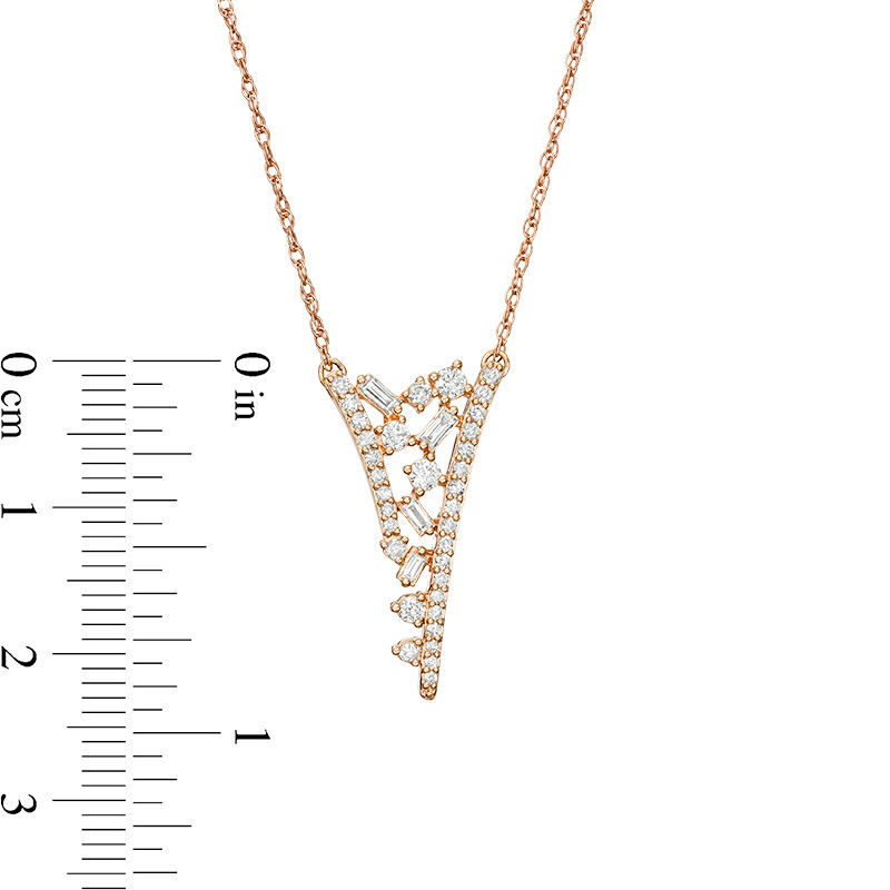 Main Image 3 of 3/8 CT. T.W. Baguette and Round Diamond Scatter "V" Necklace in 10K Rose Gold