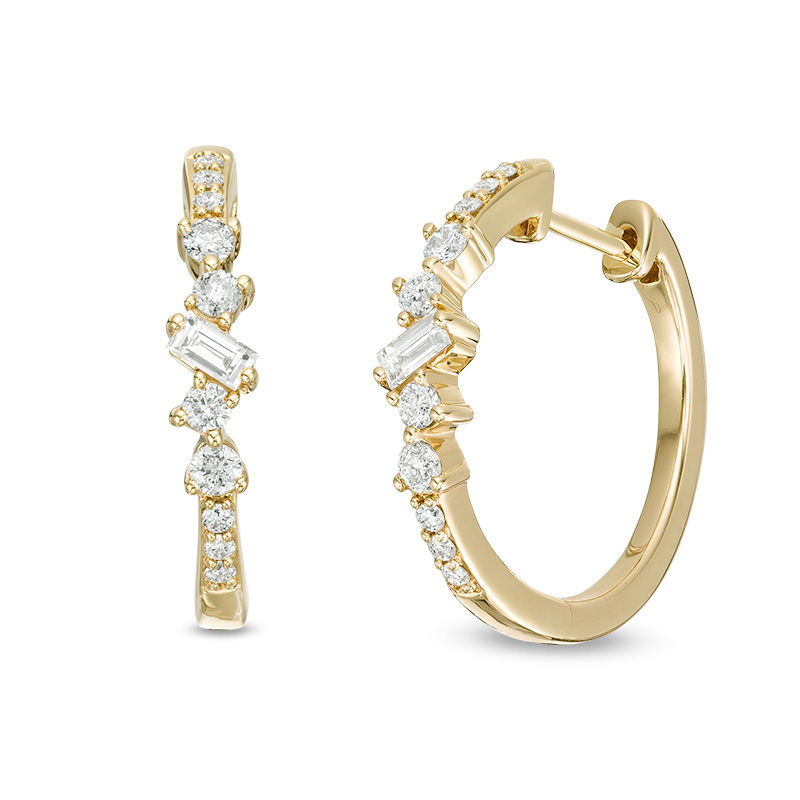 Main Image 1 of 3/8 CT. T.W. Baguette and Round Diamond Scatter Hoop Earrings in 10K Gold