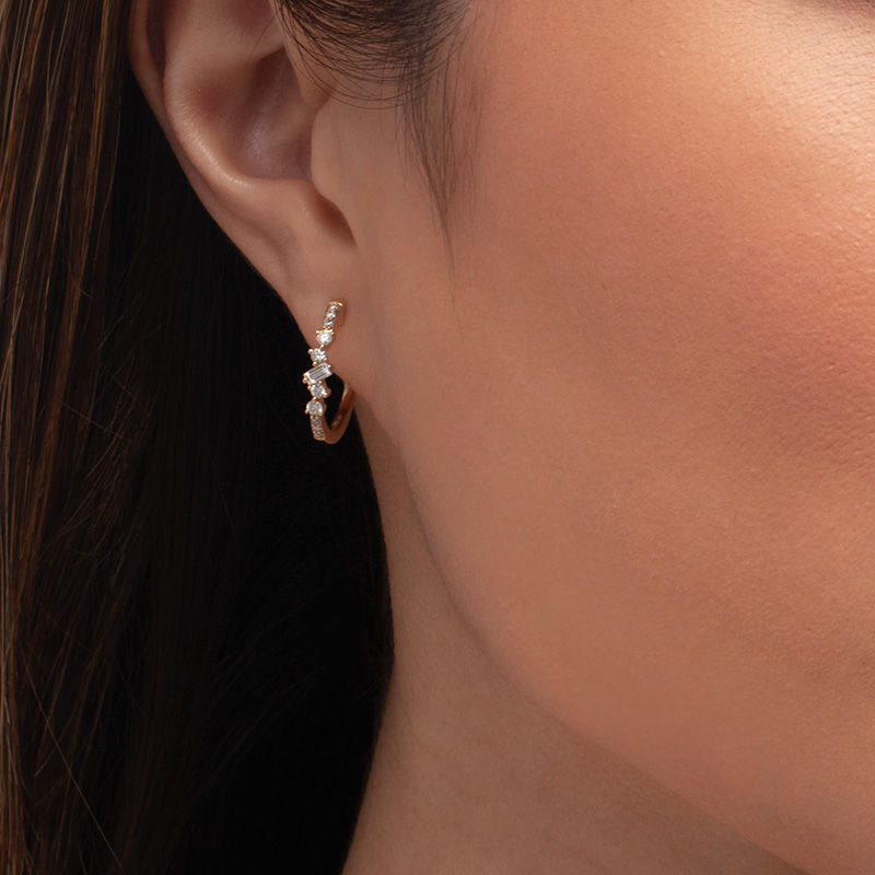 Main Image 2 of 3/8 CT. T.W. Baguette and Round Diamond Scatter Hoop Earrings in 10K Gold
