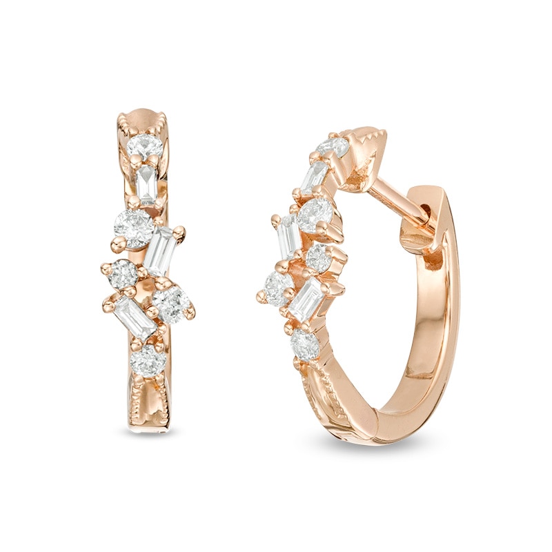 1/4 CT. T.W. Baguette and Round Diamond Scatter Hoop Earrings in 10K Rose Gold