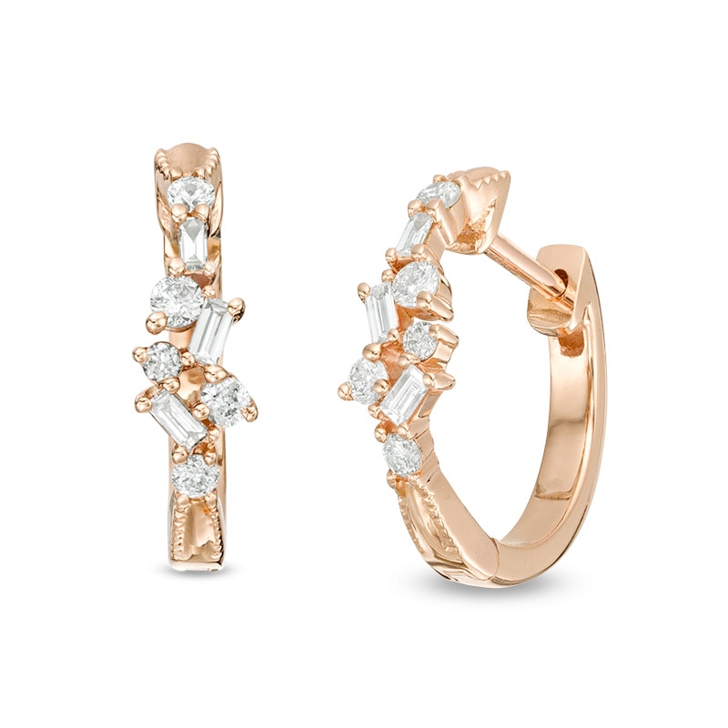 Main Image 1 of 1/4 CT. T.W. Baguette and Round Diamond Scatter Hoop Earrings in 10K Rose Gold