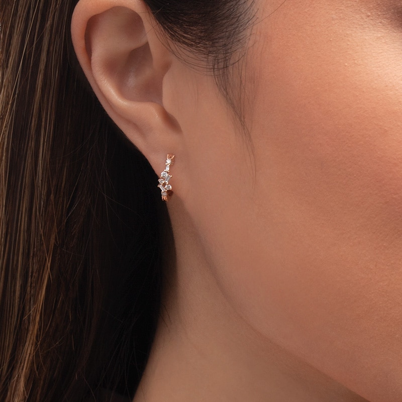 Main Image 2 of 1/4 CT. T.W. Baguette and Round Diamond Scatter Hoop Earrings in 10K Rose Gold