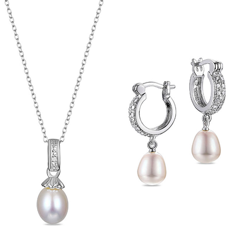 Oval Cultured Freshwater Pearl and Diamond Accent Pendant and Drop Earrings Set in Sterling Silver