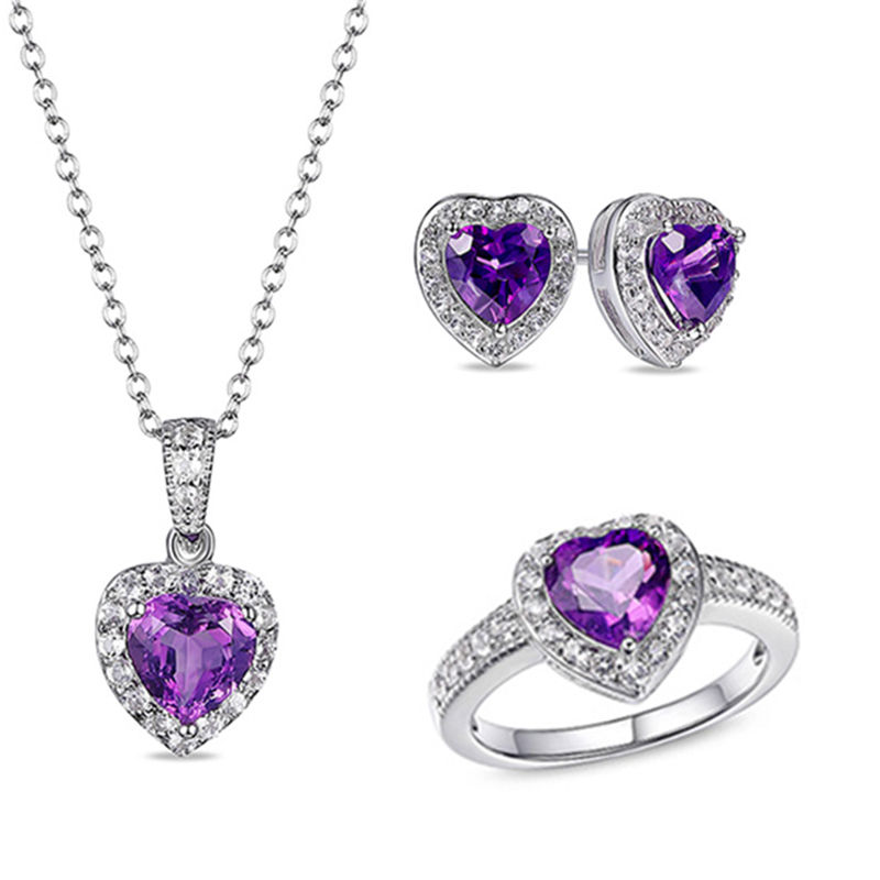 Heart-Shaped Amethyst and White Topaz Frame Vintage-Style Pendant, Stud Earrings and Ring Set in Sterling Silver - Size 7
