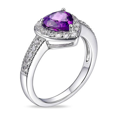 Victorian Style Heart Shaped Amethyst White Topaz Ring Sterling Silver 