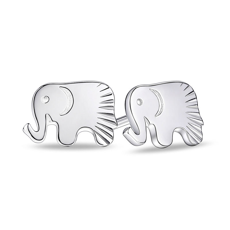 Main Image 1 of Faceted Etched Elephant Stud Earrings in Sterling Silver