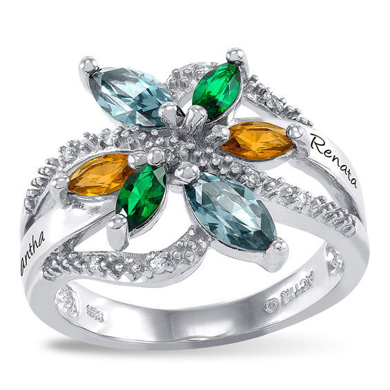 Mother's Marquise Birthstone and Cubic Zirconia Ring by ArtCarved (6 Stones and 2 Lines)