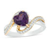 Thumbnail Image 0 of 7.0mm Heart-Shaped Amethyst and Lab-Created White Sapphire Ribbon Ring in Sterling Silver and 14K Gold Plate