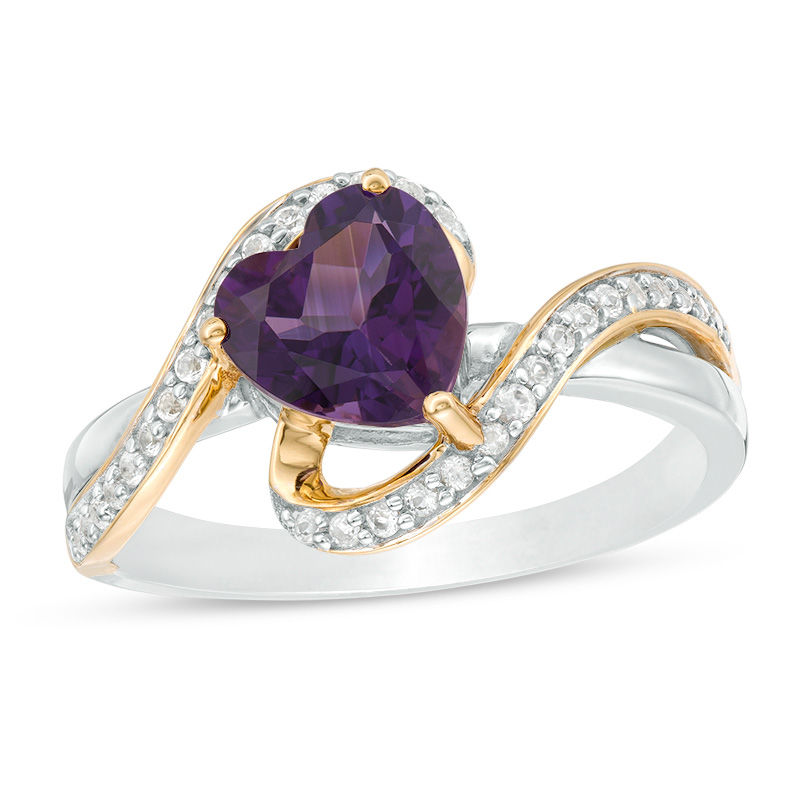 Main Image 1 of 7.0mm Heart-Shaped Amethyst and Lab-Created White Sapphire Ribbon Ring in Sterling Silver and 14K Gold Plate
