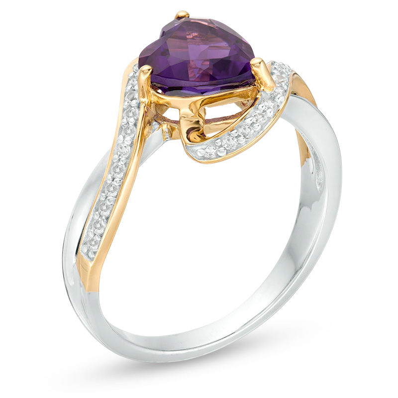 Main Image 3 of 7.0mm Heart-Shaped Amethyst and Lab-Created White Sapphire Ribbon Ring in Sterling Silver and 14K Gold Plate