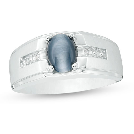 Oval Simulated Cat's Eye and Diamond Accent Multi-Finish Ring in 10K White Gold