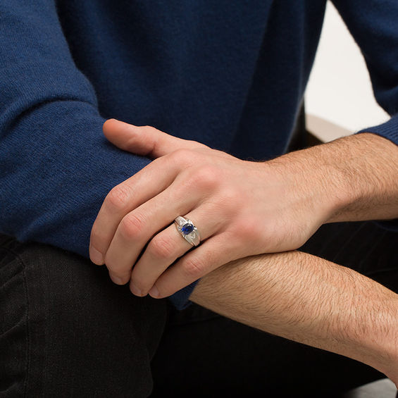 Men's Oval Lab-Created Blue Sapphire and Diamond Accent "X" Multi-Finish Ring in 10K White Gold Men's Oval Lab-Created Blue Sapphire and Diamond Accent "X" Multi-Finish Ring in 10K White Gold