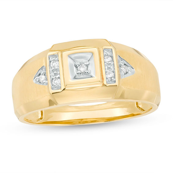 Men's 1/15 CT. T.W. Diamond Geometric Frame Side Accent Beveled Ring in 10K Gold Men's 1/15 CT. T.W. Diamond Geometric Frame Side Accent Beveled Ring in 10K Gold