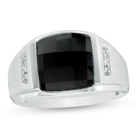 Rectangle Faceted Onyx and Diamond Accent Multi-Finish Ring in 10K White Gold