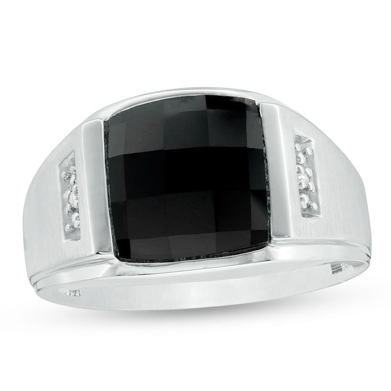Men's Rectangle Faceted Onyx and Diamond Accent Multi-Finish Ring in 10K White Gold