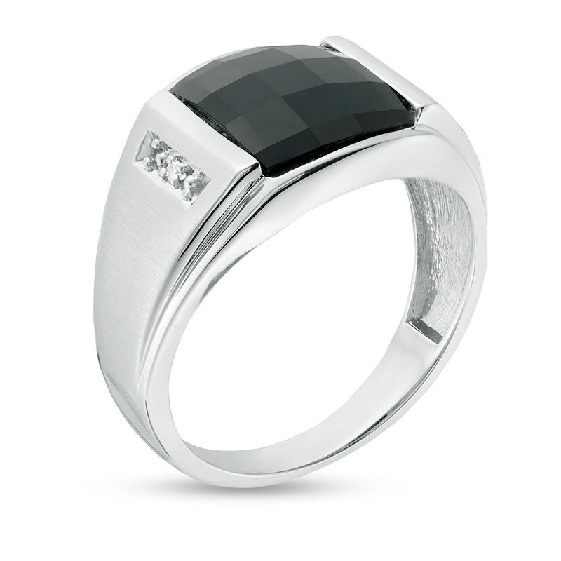 Men's Rectangle Faceted Onyx and Diamond Accent Multi-Finish Ring in 10K White Gold